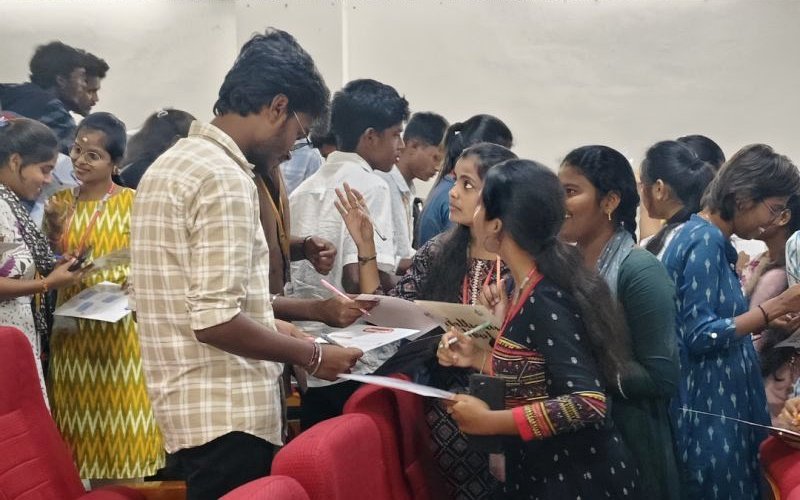 Students working together on a group activity during the Beyond Papers session at Vaagdevi College