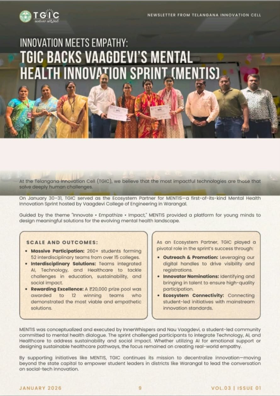 TGIC newsletter article: Innovation Meets Empathy, TGIC backs Vaagdevi’s Mental Health Innovation Sprint (MENTIS)