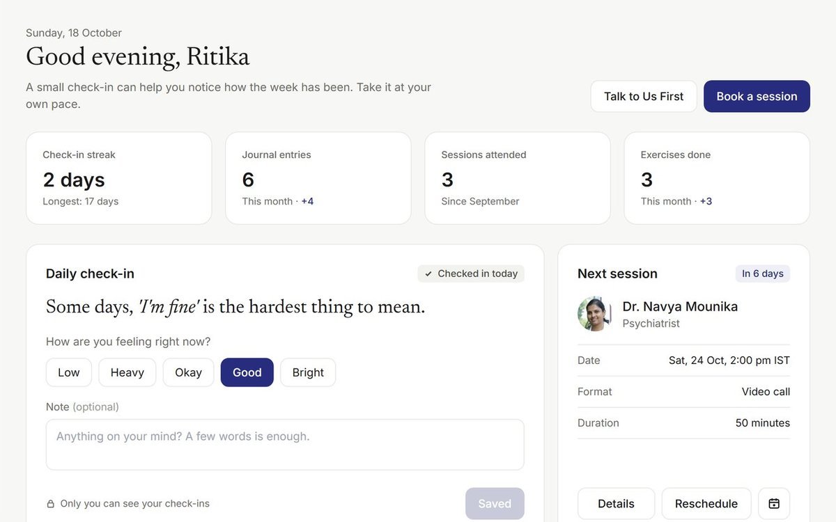 The InnerWhispers dashboard on a computer: a daily mood check-in, the next session and weekly stats