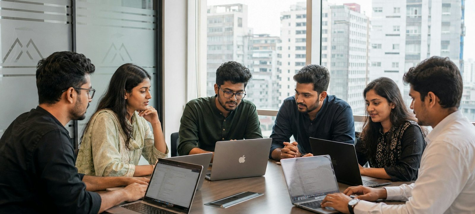 A young team working together around a meeting table with laptops