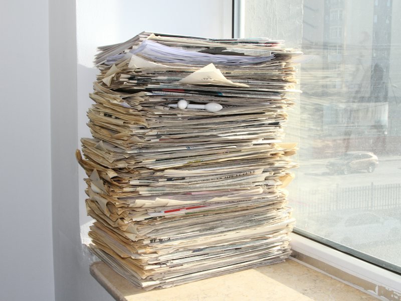 A stack of newspapers on a sunny windowsill